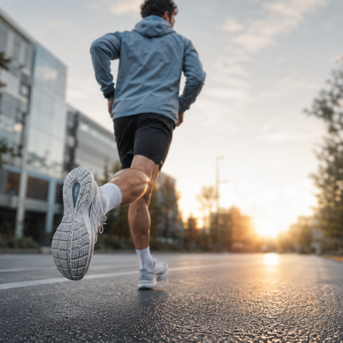 Uomo che corre con focus sul tallone.