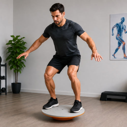 Uomo in equilibrio su tavoletta propriocettiva