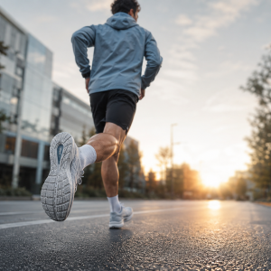 Uomo che corre con focus sul tallone.