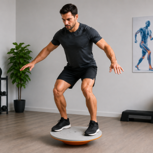 Uomo in equilibrio su tavoletta propriocettiva